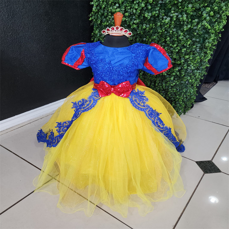 Blue And Gold Flower Girls Dress 2025 Short Sleeve Sequin Mariachi Kid Pageant Party Lace First Communion Birthday Dress Princess Kids Vestio De Novia