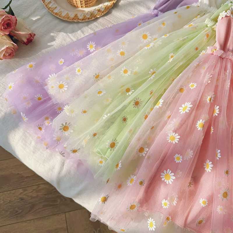 Girls Casual Dresses Little Daisy Flower Mesh Dress for Girls Summer Camisole Pompadour Dress Girls Clothes for2 To 7 Years Z250214