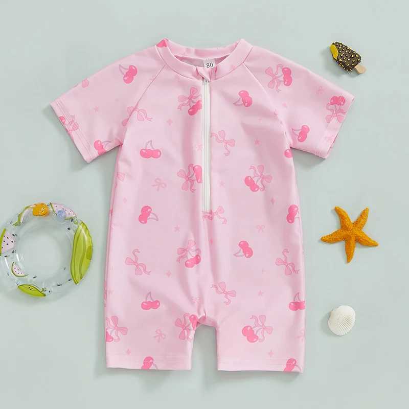 Toddler Girl Rash Guard Swimsuit Cherry/Bow Print Zipper Short Sleeve Zip Up Bathing Suit Z250214