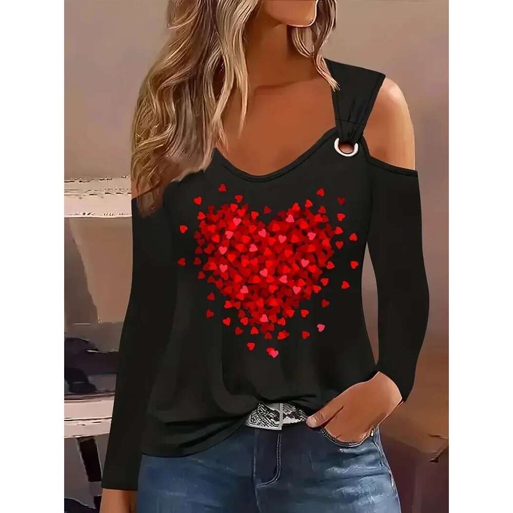 Women Plus Size 1Xl-5Xl Women's Sexy Off The Shoulder Long Sleeved T-Shirt Ladies Love Printed Fashion Top