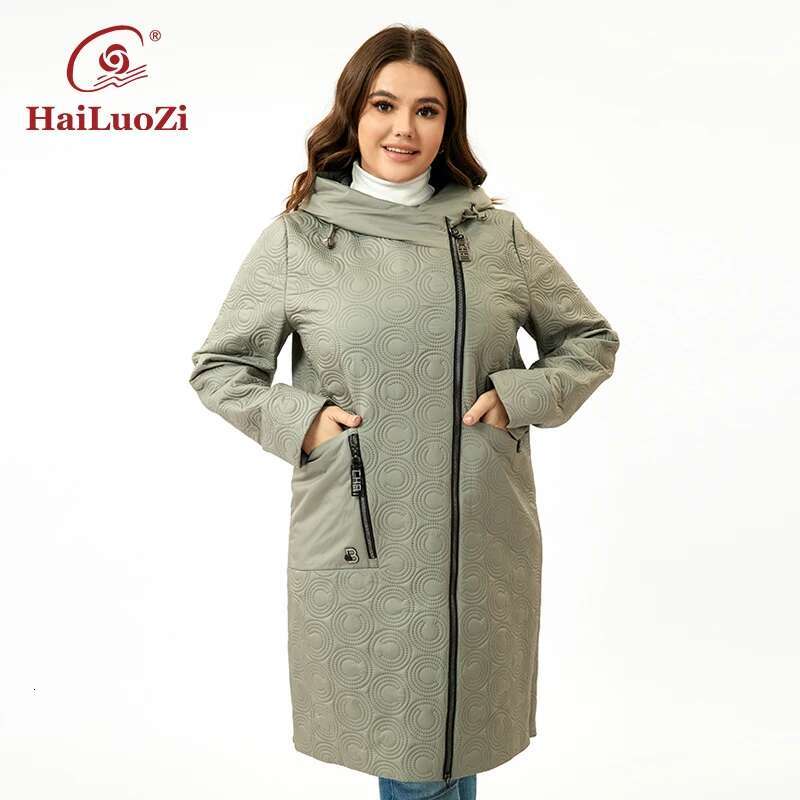 Hailuozi 2023 New Spring Women Coat Plus Size Long Hooded Big Pockets Female Parkas Slanted Placket Zipper Women's Jackets 5537