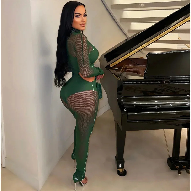 Sexy See Through Patchwork Mesh Jumpsuit Women Long Sleeve Hollow Out Skinny Night Club Outfits One Pieces Rompers Overalls Body 250213