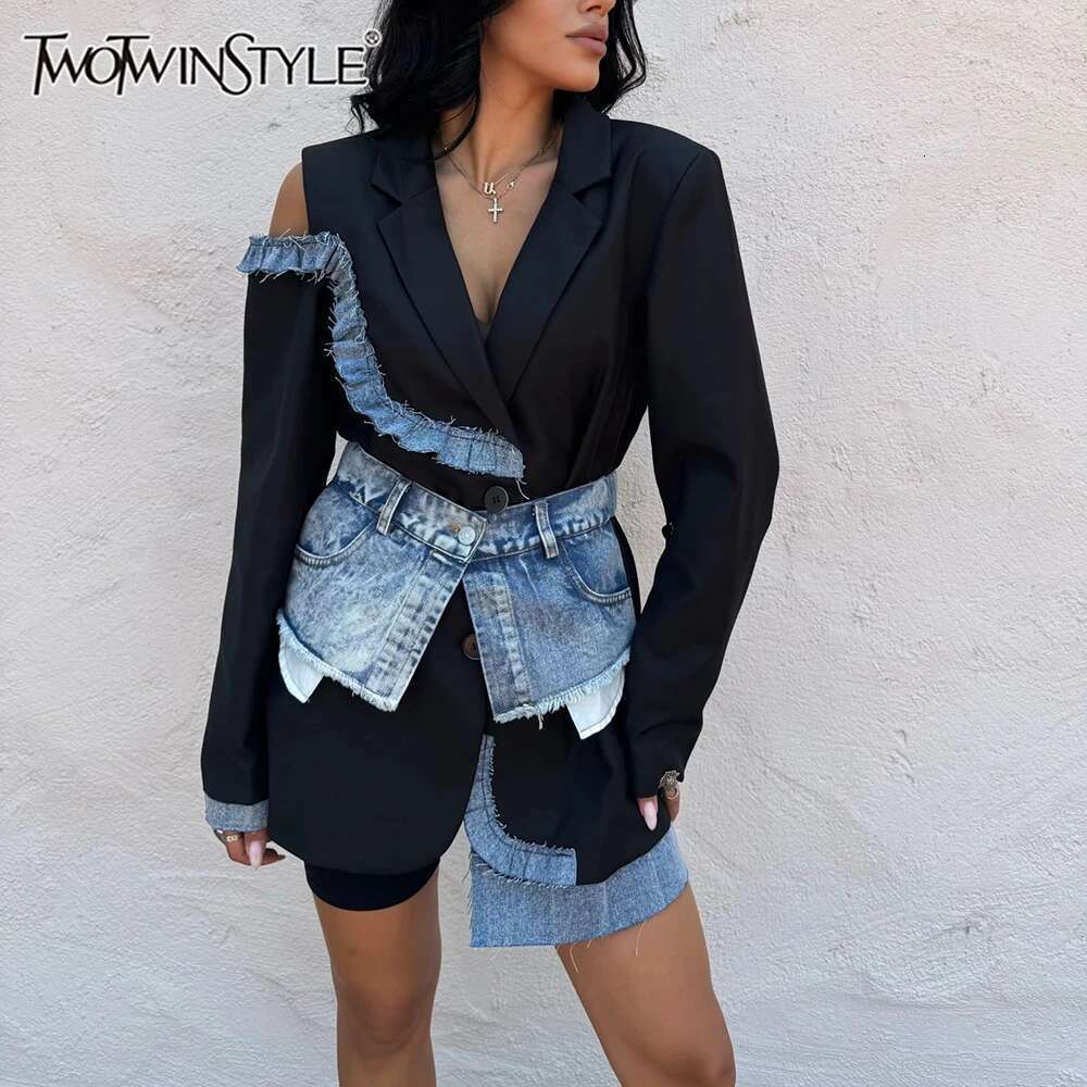Colorblock Hollow Out Jackets For Women Notched Collar Long Sleeve Patchwork Denim Vintage Jacket Female Clothing
