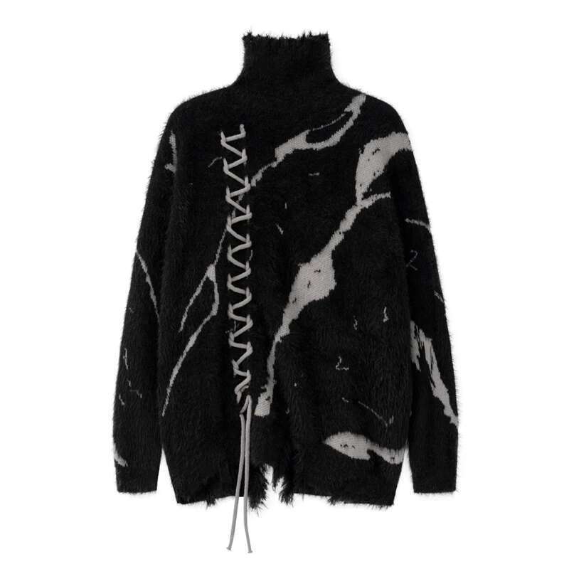 Front Lace Up Tie Dye Frayed Neck Sweaters Men's High Street Retro Casual Oversized Unisex Woolen Clothes Knitted Sweater