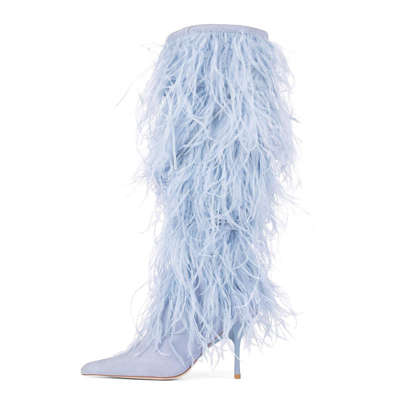 Black Fur Knee-length Boots Women Sexy Pointy Toe High Heels Furry Suede Outfit Ladies Trendy Party Warmly Winter Shoes 34-43