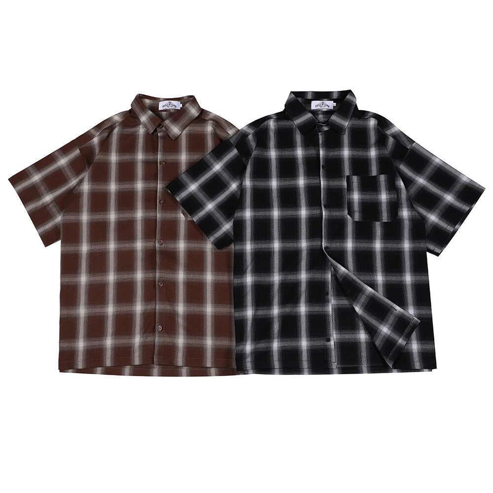 Haruku Summer Short Sleeve Plaid Shirt For Men Lapel Patchwork Hip Hop Overalls Streetwear Vintage Loose Oversized Tops
