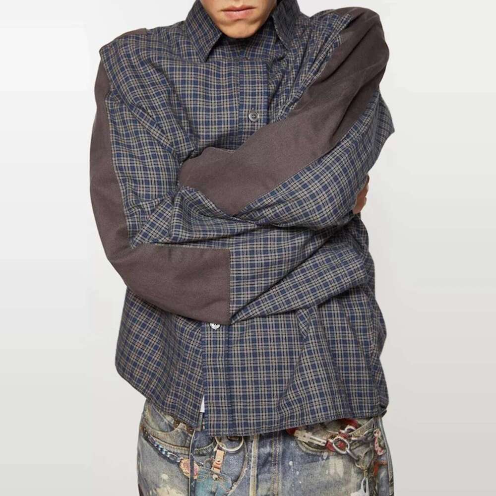 Haruku Patch Contrast Color Checkered Shirts For Men And Women Turn-Down Collar Oversized Casual Long Sleeve Fall Plaid Shirt