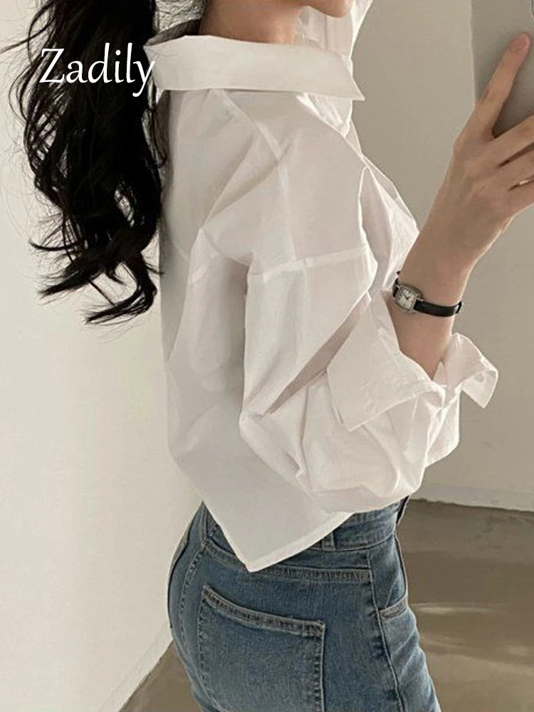 Zadily Spring Casual Long Sleeve Women White Shirt Korea Style Solid Button Split Woman Crop Tops Blouse Party Clothing 250213