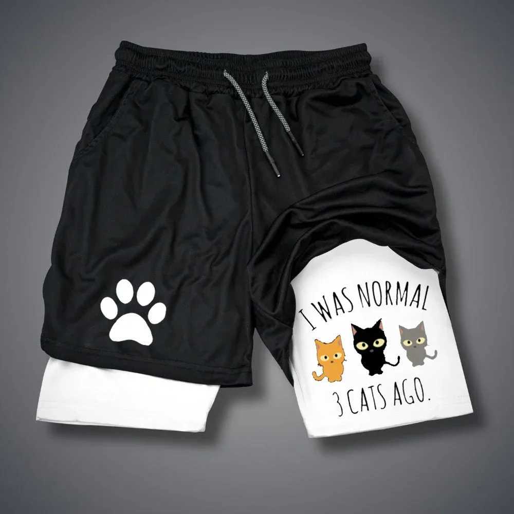 Funny Cat Print Running Shorts Men Sportswear Y2k Animal Pattern Gym Quick Dry Short Pant Summer Fitness Double-deck Short PantXJ250213