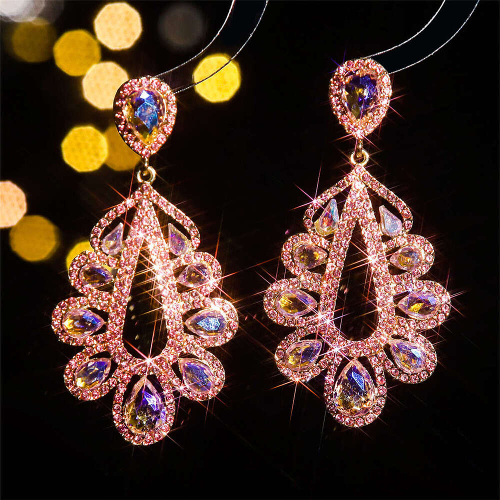 Fashionable shiny glass rhie long water droplet feminine temperament earrings, elegant and trendy earrings