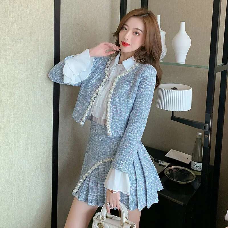 New Style Jacket Socialite Suit Coarse Tweed Plus Size Outwear High Waist Skirt Shirt Three Piece Set For Mid...