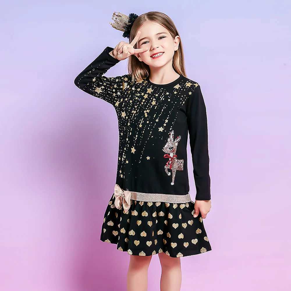 VIKITA Girls Christmas New Year Gift Dress Kids Elk Sequined Appliqued Star Heart Print Cotton Dresses with Bowknot Kids Clothes Z250214