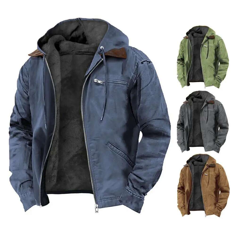 Comfortable Men's Hooded Sweatshirt Coat with Plush ing Multiple Pockets Zipper Placket Jacket for Winter Warmth