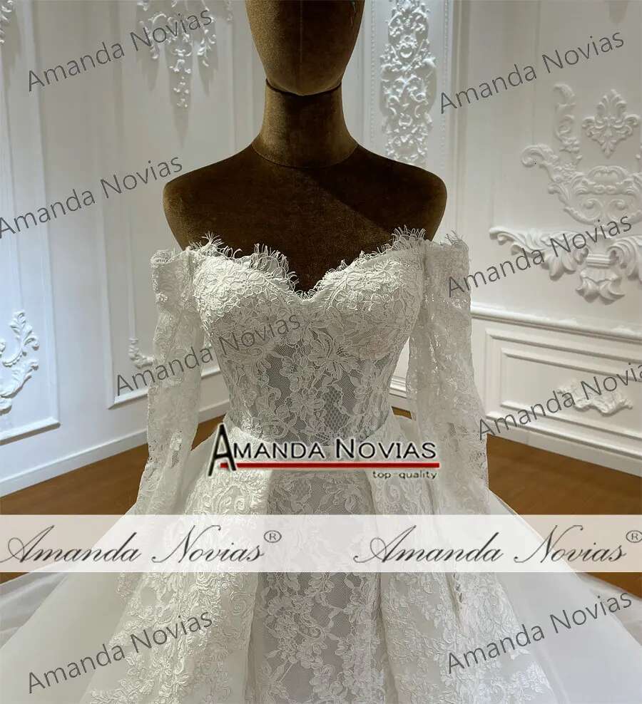 Custom Off Shoulder Long Sleeve Lace Full Belt Skirt Mermaid Wedding Dress