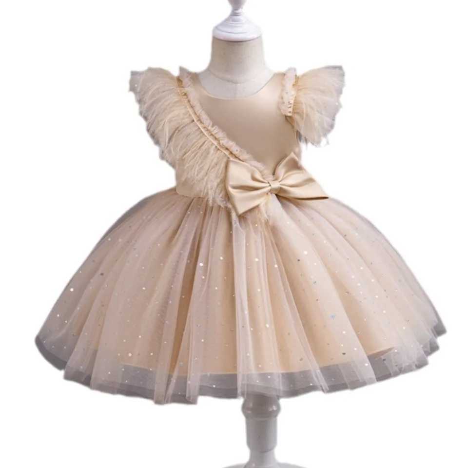 Summer Girls New Bow Sequin Flying Sleeves Mesh Fluffy Skirt Piano Competition School Graduation Ceremony Dress Z250214