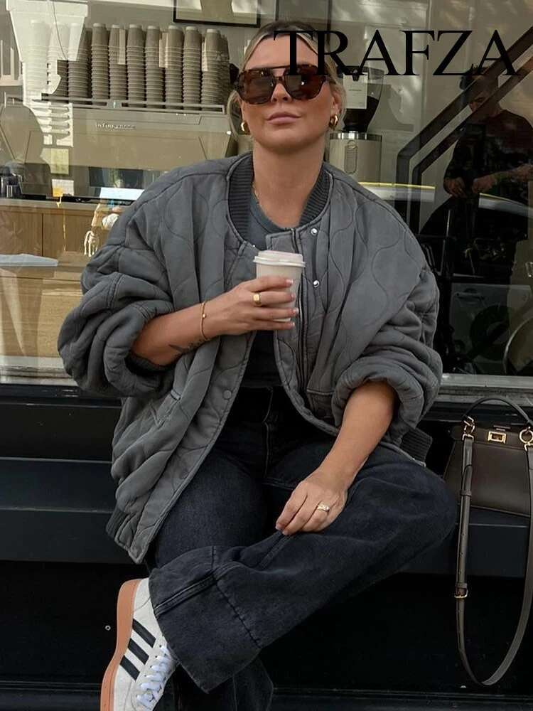 TRAFZA Winter Women's New Fashion Spliced Cotton Clothes Loose Bomber Retro Long Sleeve Woman's Jacket with Pockets