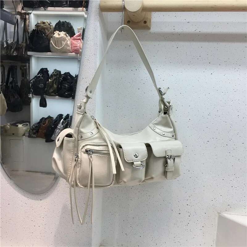 Vintage Moto Bags Pockets Shoulder Bag Women Casual Crossbody PU Leather Handbag