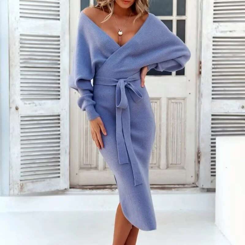 European And American Style Deep V-Neck Long-Sleeved Knitted Dress, Feminine Side Slit Hip-Hing Skirt