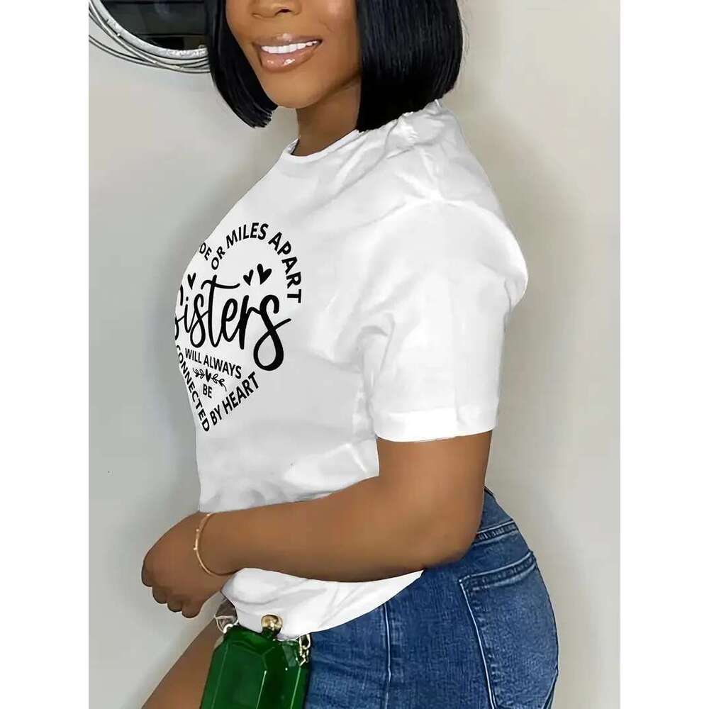 Size Casual T-Shirt, Women's Plus Letter & Heart Print Short Sleeve Round Neck Medium Stretch T-Shirt