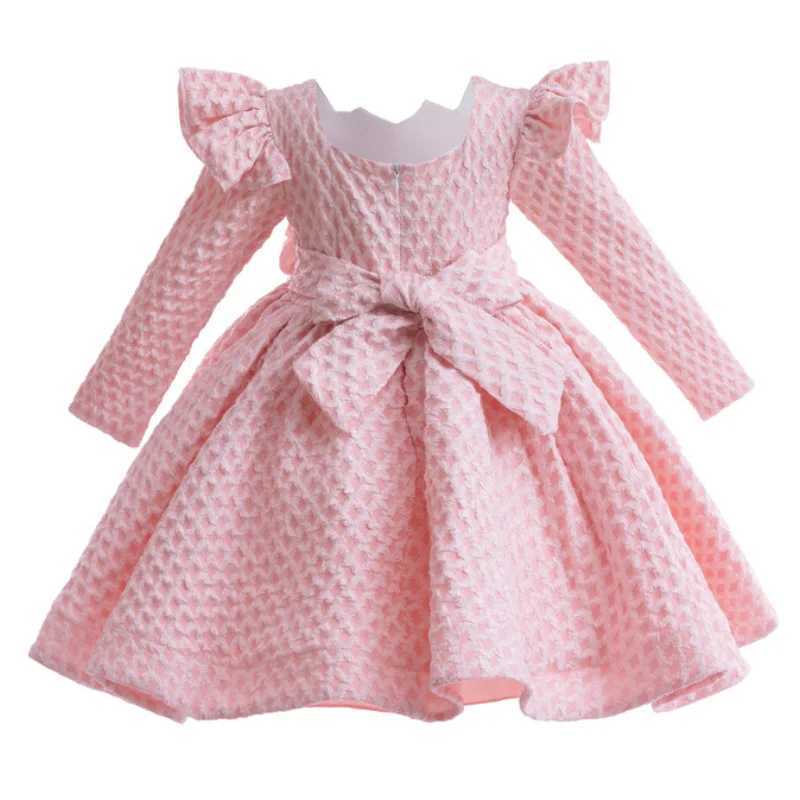 Spring and Autumn Girls New Hosting Dance Performance Princess Dress Long Sleeved Sticker Solid Color Fashion Plaid Dress Z250214