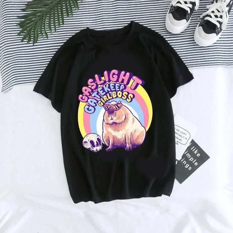 Funny L Love Capybara Print Haruku Plus Size T-Shirt Women Anime Kawaii Tops Short Sleeves Ins Tees Aesthetic Female Clothing