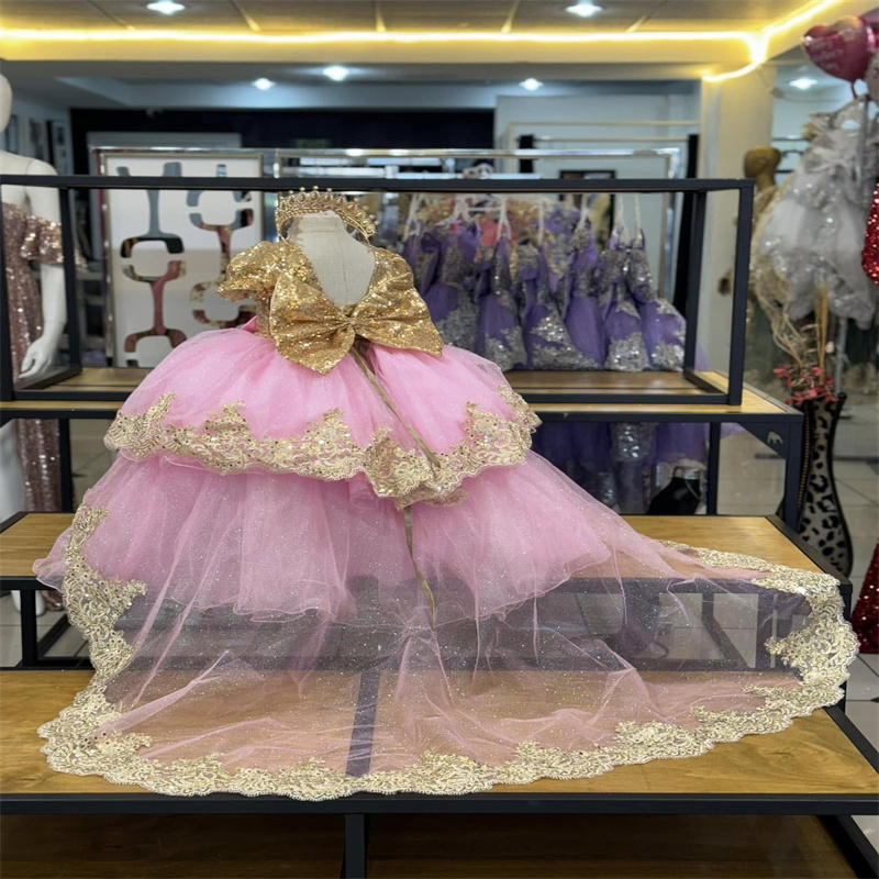 Princess Pink And Gold Flower Girls Dress 2025 Sequin First Holy Communion Dress Birthday Pageant Bow Lace Babyshower O Neck Sequin Kids Dress With Bo