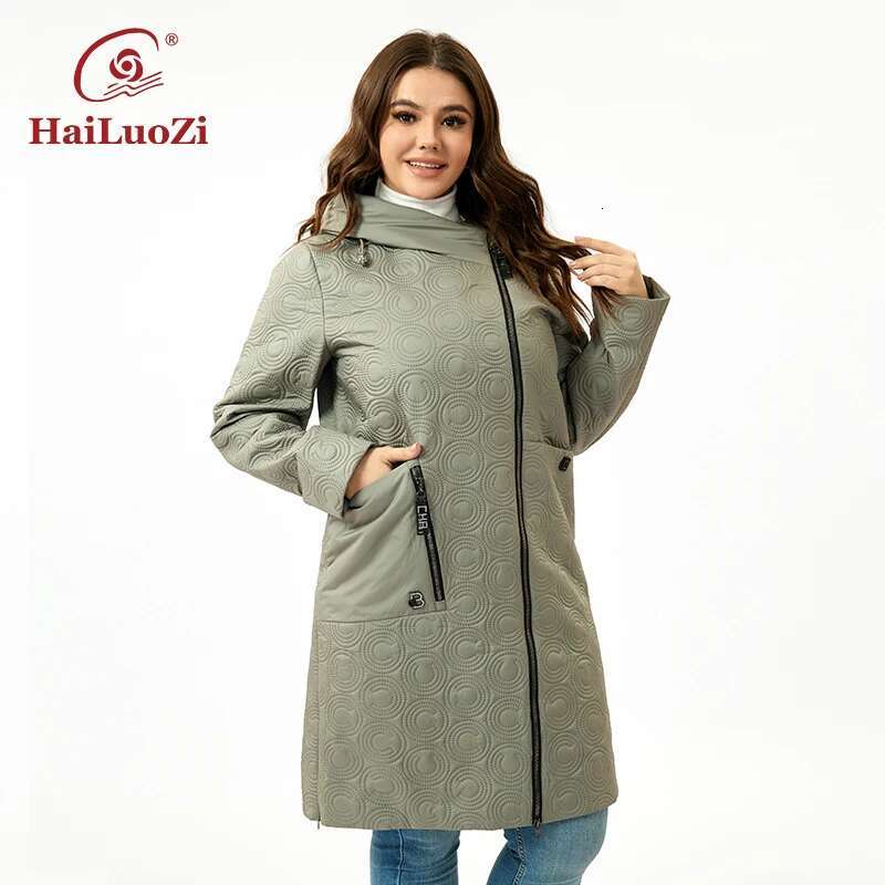 Hailuozi 2023 New Spring Women Coat Plus Size Long Hooded Big Pockets Female Parkas Slanted Placket Zipper Women's Jackets 5537