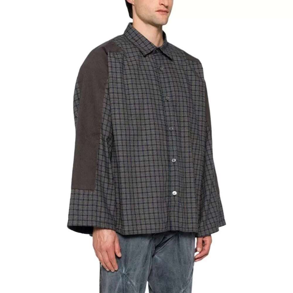 Haruku Patch Contrast Color Checkered Shirts For Men And Women Turn-Down Collar Oversized Casual Long Sleeve Fall Plaid Shirt