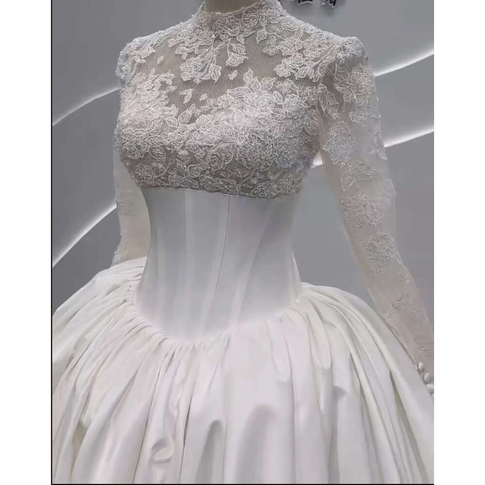 Custom Amanda New Design Spot Long Sleeve With High Neck Bridal Dress A-Line Wedding Dresses