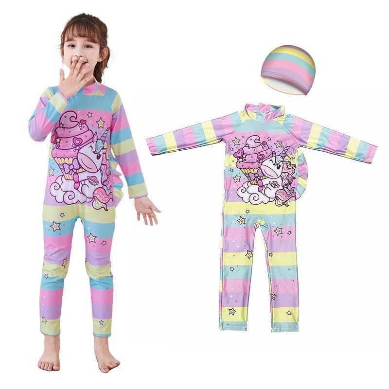 One-Piece Children Swimsuits Kid Swimwear Girls Long Sleeve Sun Protection with swimming caps 2Pcs Set 3 4 5 6 7 8 9 10 11 Years Z250214