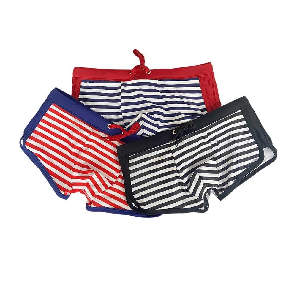 Summer Mens Striped Swimming Trunks Sexy Side Split Bathing Suit Sport Beach Surfing Swimwear Male Quick Dry Pouch Boxer Shorts W250214