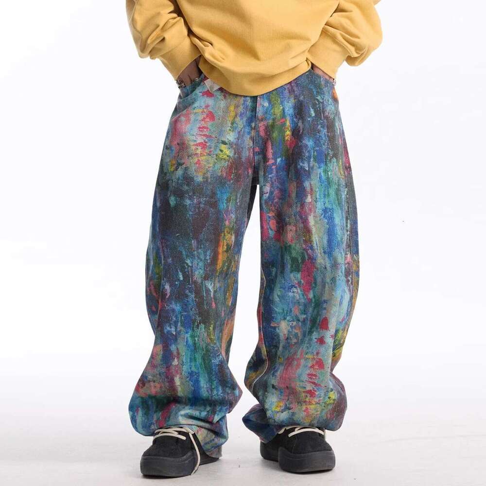 3D Color Printing Splashed Ink Oil Paint Jeans Mens And Womens Streetwear Straight Ropa Hombre Loose Wide Leg Denim Trousers