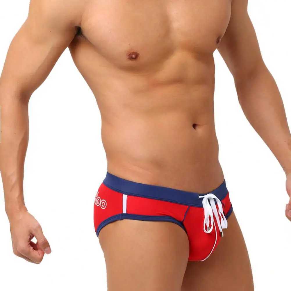 Simple Line Print Swimwear Mens Quick-drying Patchwork Color Swimming Briefs for Beach Surfing Push-up Swimwear with Breathable W250214