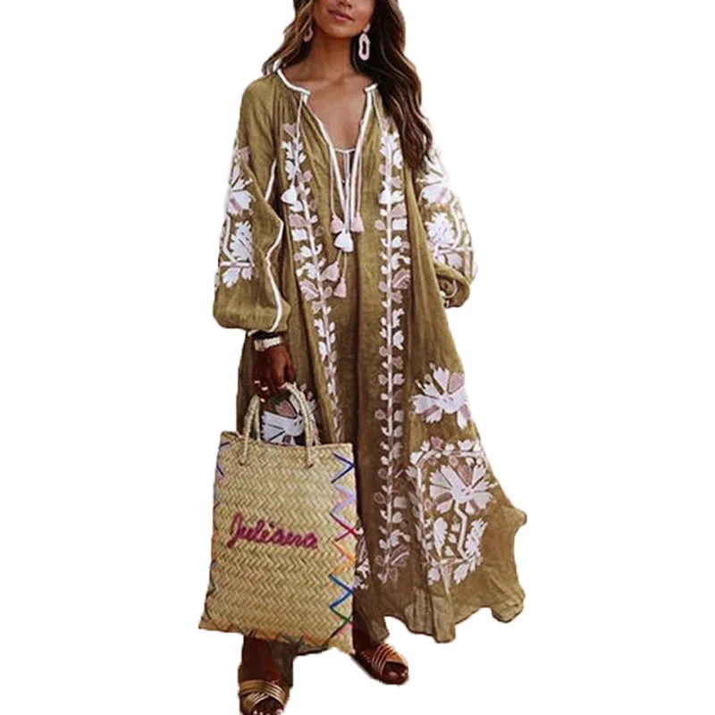 Womens Maxi Dress Boho Print Lace Up Long Sleeve Dress V-neck Loose Fashion Bohemian Beach Vintage Ruffle Hem Print Dresses 250213