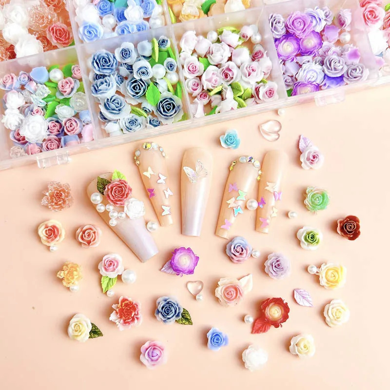 1Box Random Mixed Resin Flowers Nail Charms Love Leaf Pearl Nail Art Decorations Rhinestone DIY Crafts Manicure Accessories 250214