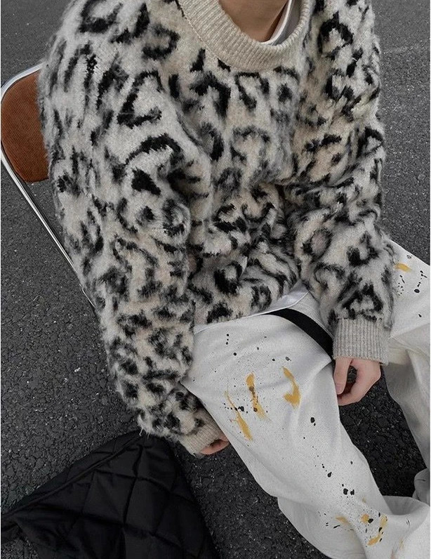 Lazy contrast color leopard print crew neck sweater mens trendy sweater national fashion high street high-end jacket 250211
