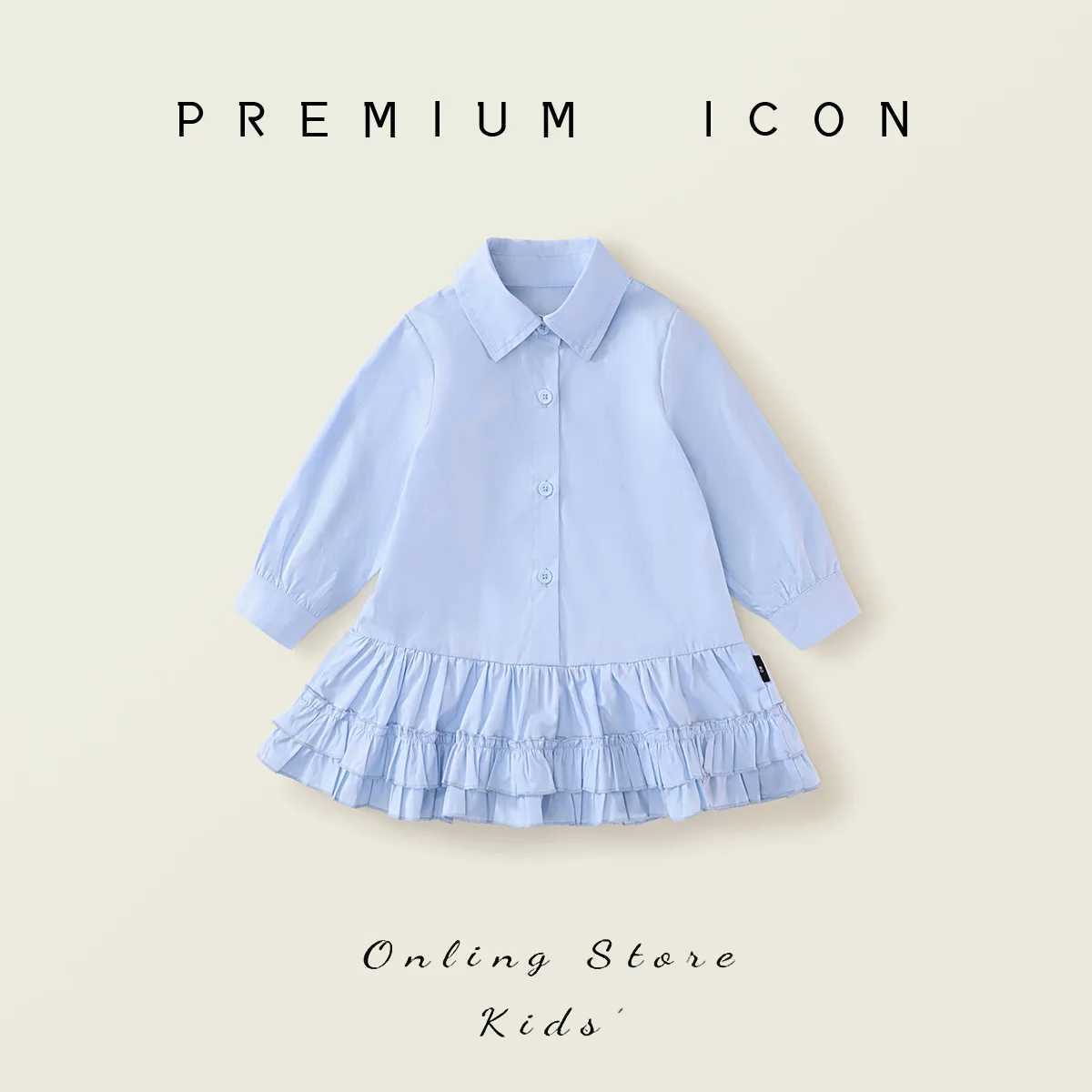 Children Girls Spring Autumn Dress Blue Turndown Collar Pleated Hem Kid Girls Frock Casual Pure Cotton Toddler Girls Shirt Dress Z250214