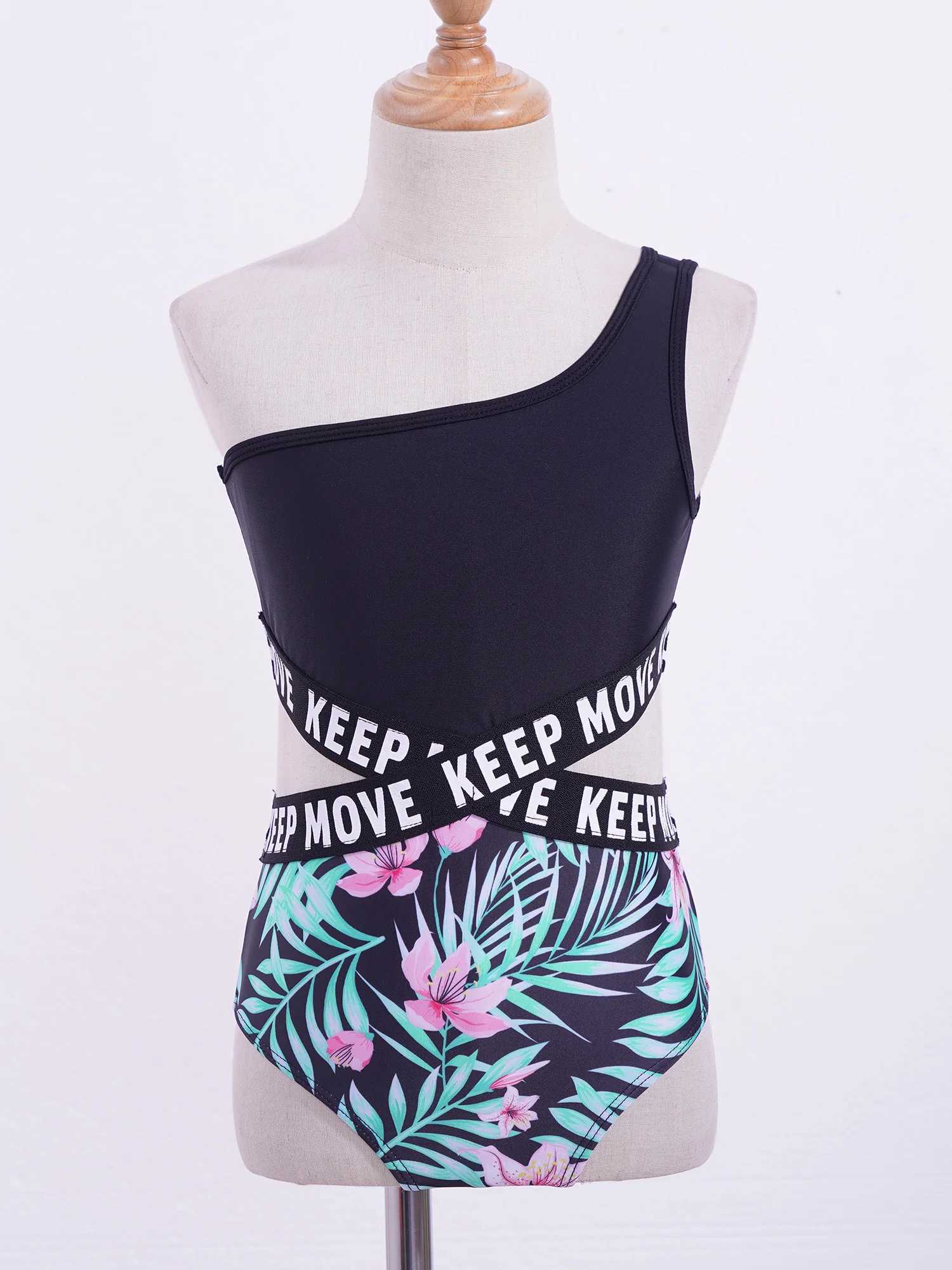 Kids Girls Hollow Out One-piece Swimwear Single Shoulder Letter Print Bodysuit Swimsuit Pool Bathing Suit Beachwear Sportswear Z250214