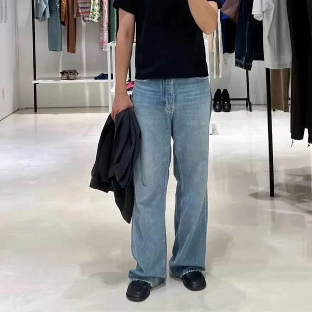 High Street Vintage Washed Blue Jeans For Men Straight Casual Loose Cleanfit Denim Trousers Oversized Cargo Pants