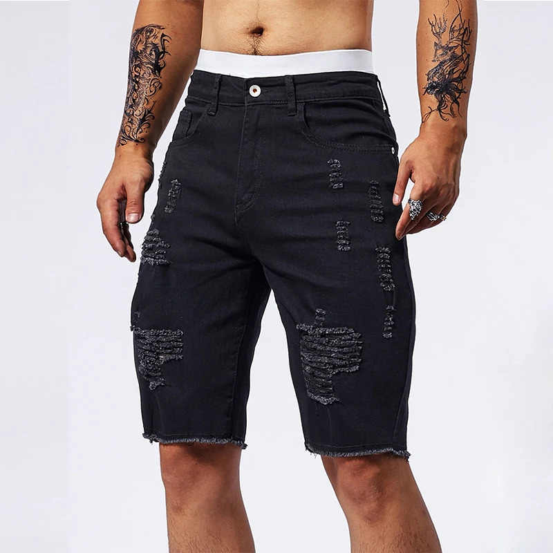 Vintage Denim Shorts Mens American Stretch Slim Jeans Fashion Ripped Streetwear Male Hole Frayed Short Pants Blue Black 250210