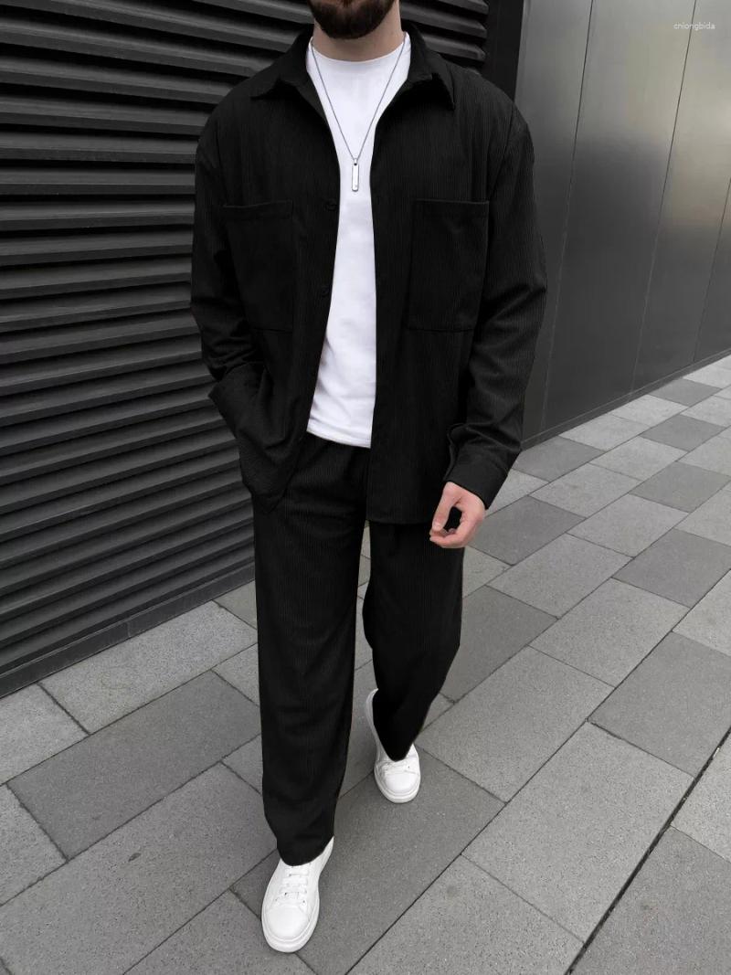 Mens Tracksuits Solid Color Suit Chest Pocket Design Simple Daily Fashion Long Sleeve Trousers High Quality Classic Style