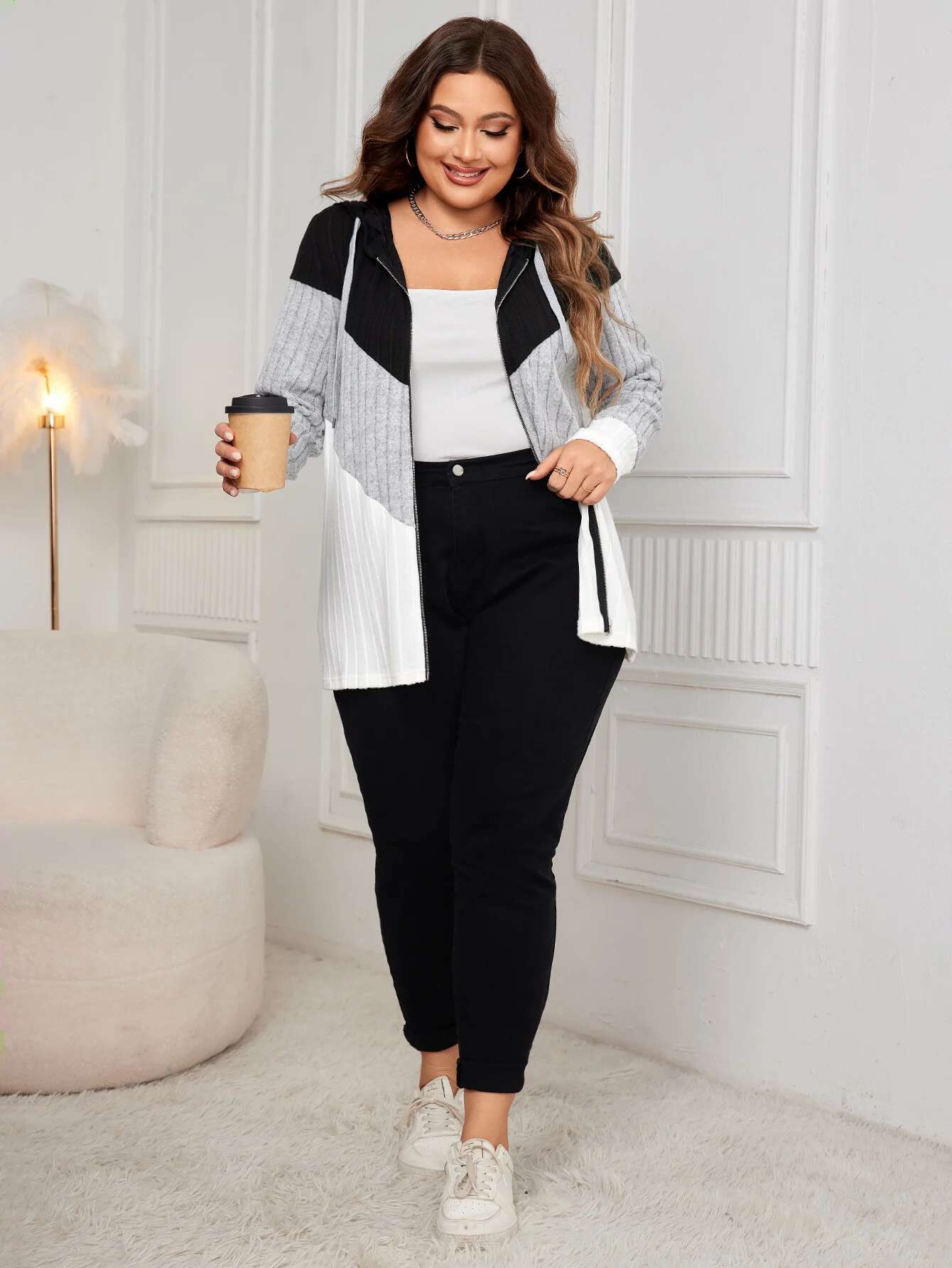 KEBY ZJ Plus Size Color Block Zip Up Coat Women 2024 Autumn New Drawstring Hooded Long Sleeve Casual Rib-Knit Jacket Top