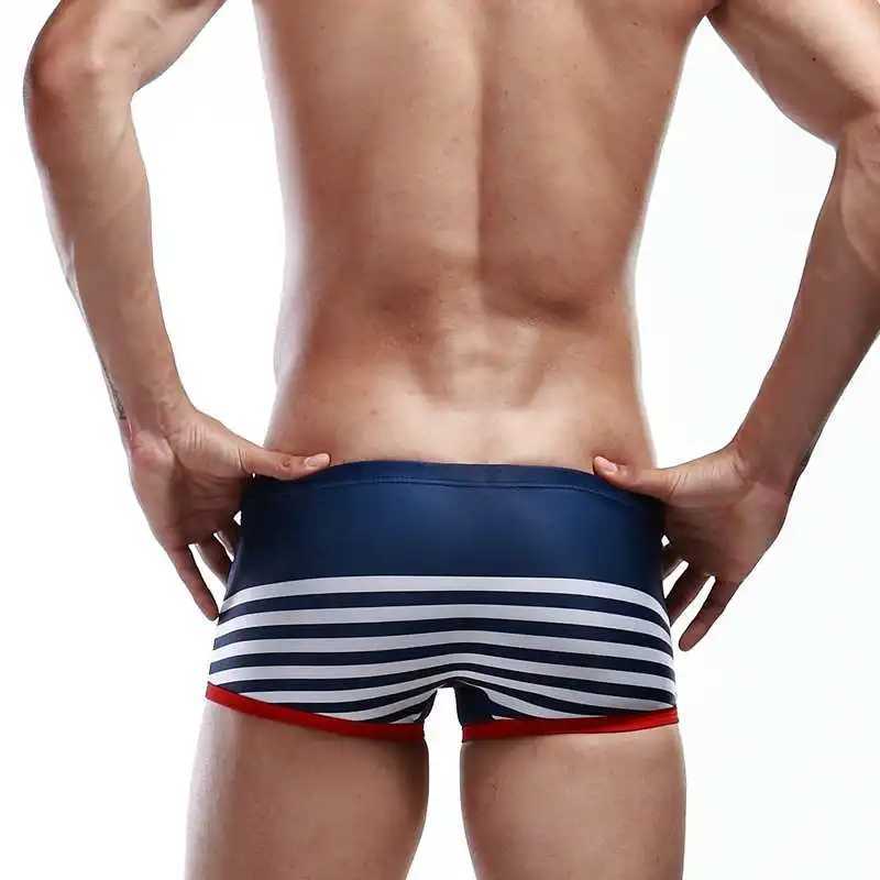 Sexy Men Low Waist Swimwear Summer Striped Swimsuits Nylon Quick Dry Beach Swimming Trunks Fashion Male Sport Surf Board Shorts W250214