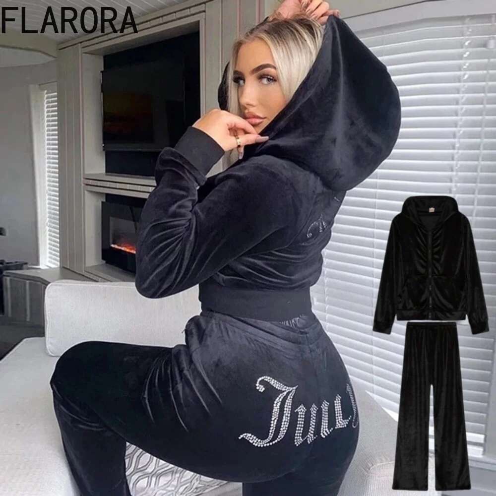 FLARORA Fashion Y2k Dia Two Piece Sets Woman Long Sleeve Zipper Hoodie Jacket Coats And Pants Suits Casual Street Tracksuits