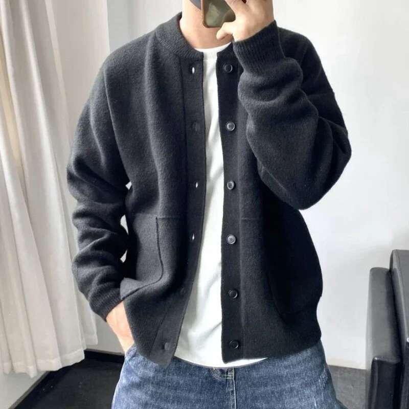 Knit Sweater Male Green Cardigan Men's Clothing Fleeced Sweatshirts Old New in Order Jumpers Y2k Streetwear Warm Tops Neck