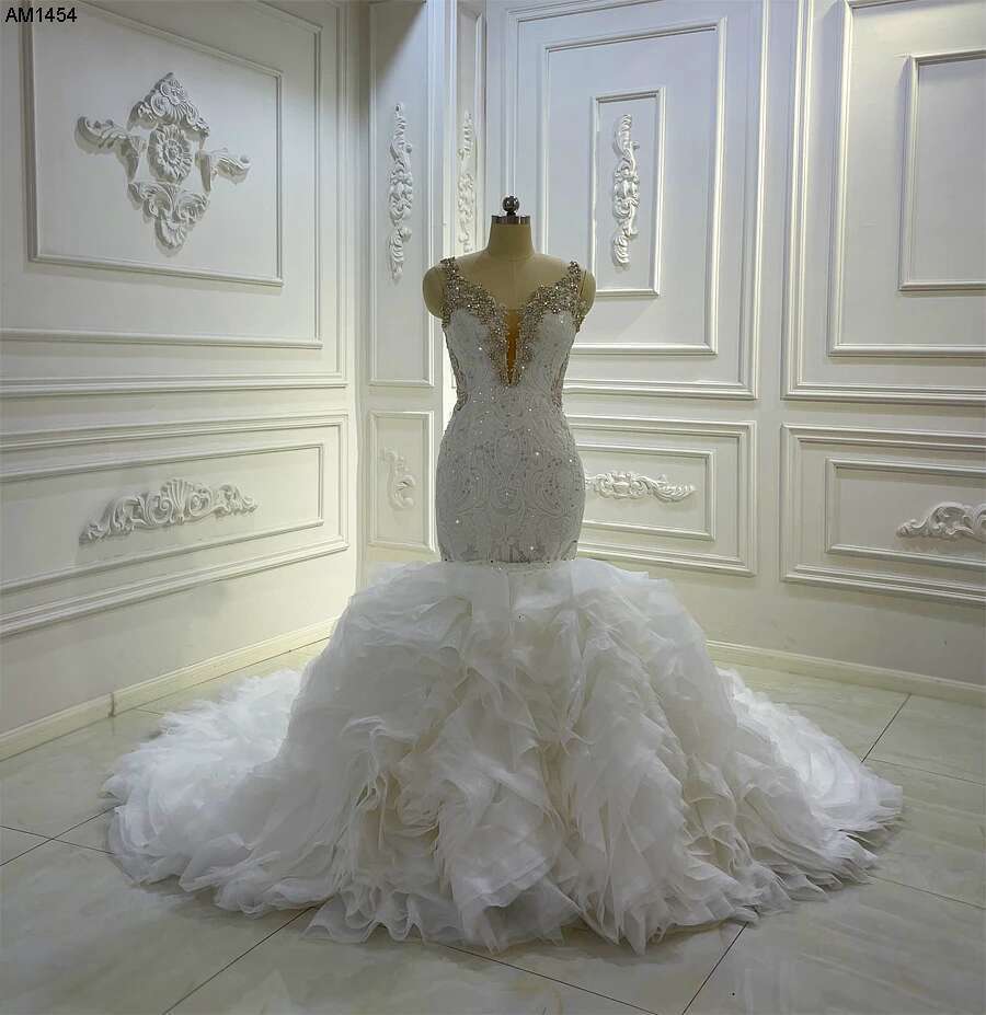 AM1454 New Design Lace deep V-neck 2 In 1 Ruffles Mermaid Wedding Dress