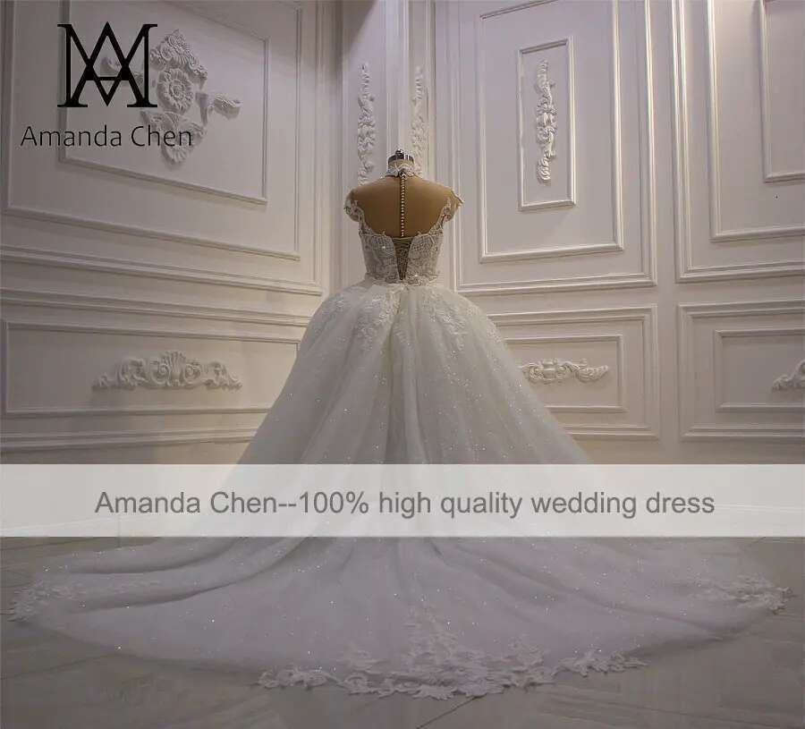 Custom robe marriage high neck cap sleeve champagne detachable skirt wedding dress