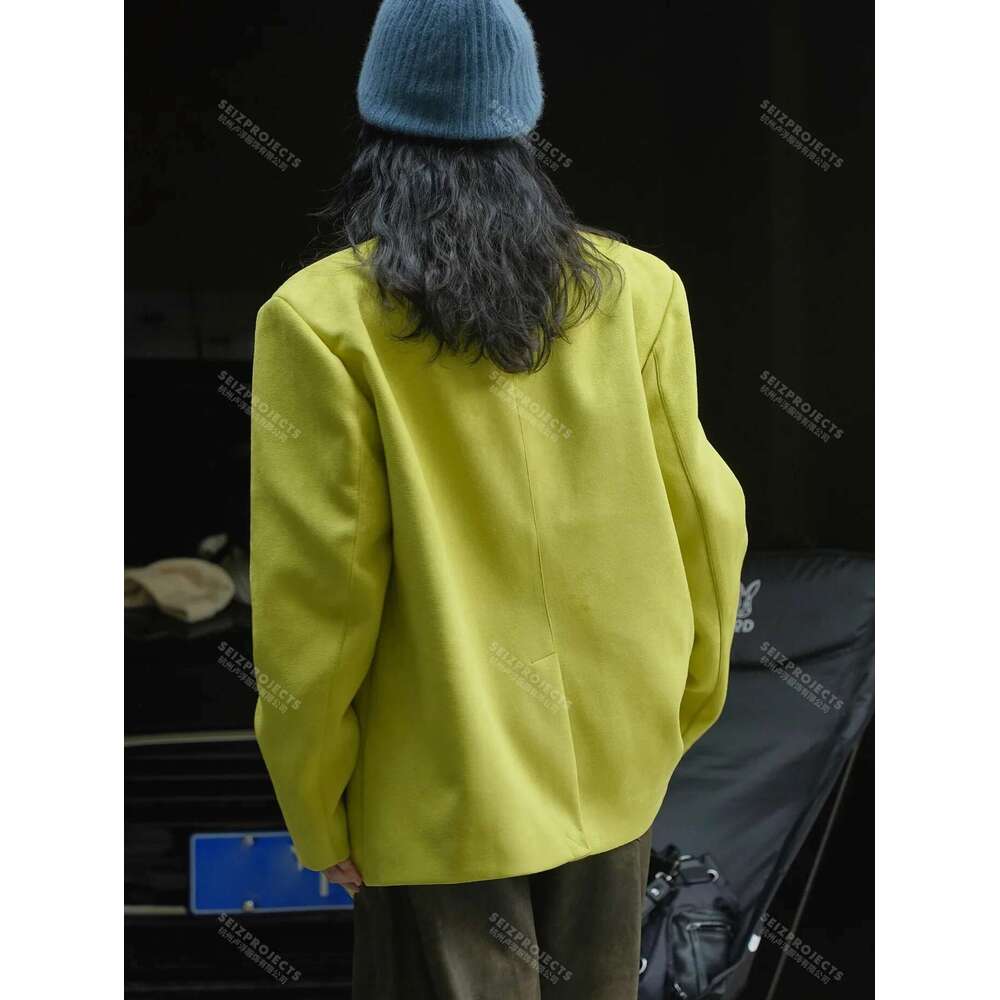 Women's Faux Suede Jacket Fall Winter Curved Pocket Brown Green Coat Loose Straight Blazer For Women