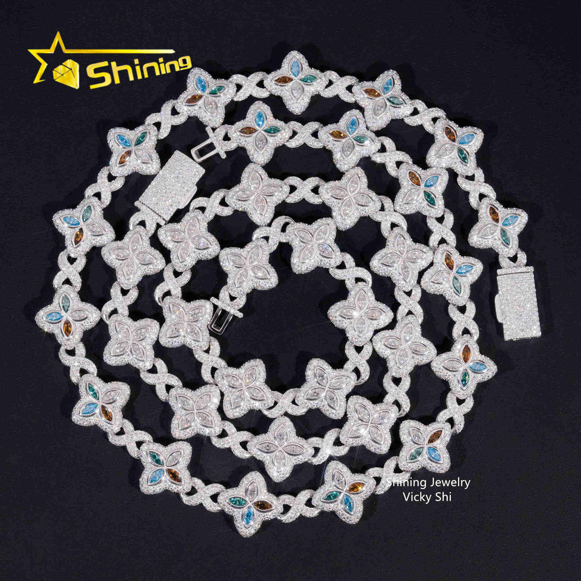 Rapper Hip Hop Jewelry Iced Out Moissanite Necklace 925 Silver Colored Four Leaf Clover VVS Moissanite Cuban Link Chain