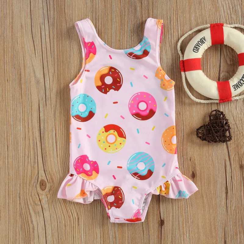 2023 Baby Swimwear Little Girls One-piece Swimsuit Summer Children Cute Crab/Donut Printing Sleeveless Swimwear for Vacation Z250214